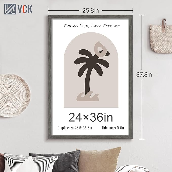 VCK 24x36 Poster Frame 3 Pack, Gray Solid Wood Picture Frame, Exclusive Wood Grain, Wall Mounting Hanging-Ruum Studio Home