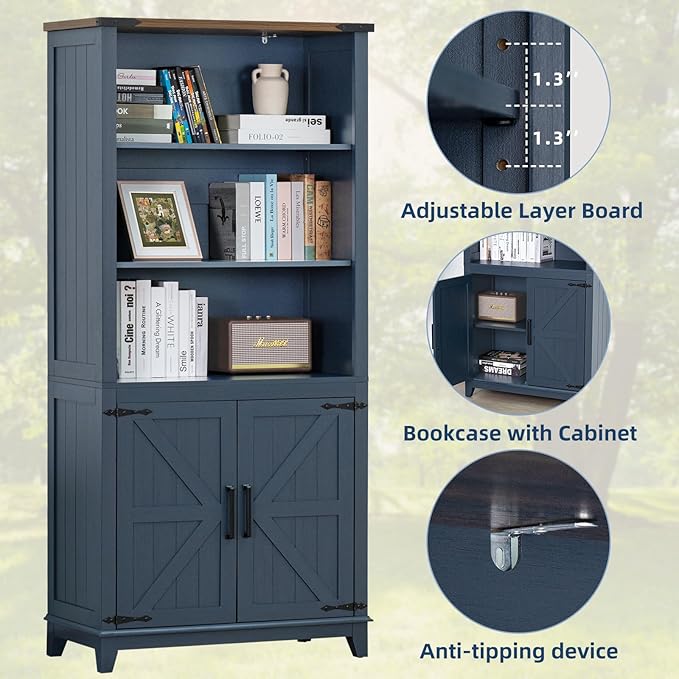 70in Tall Bookshelf 5 Tier Bookcase with Barn Doors and Adjustable Shelves, Blue Farmhouse Book Shelf with Storage Cabinet, Wood Freestanding Display Bookshelves for Bedroom, Living Room-Ruum Studio Home