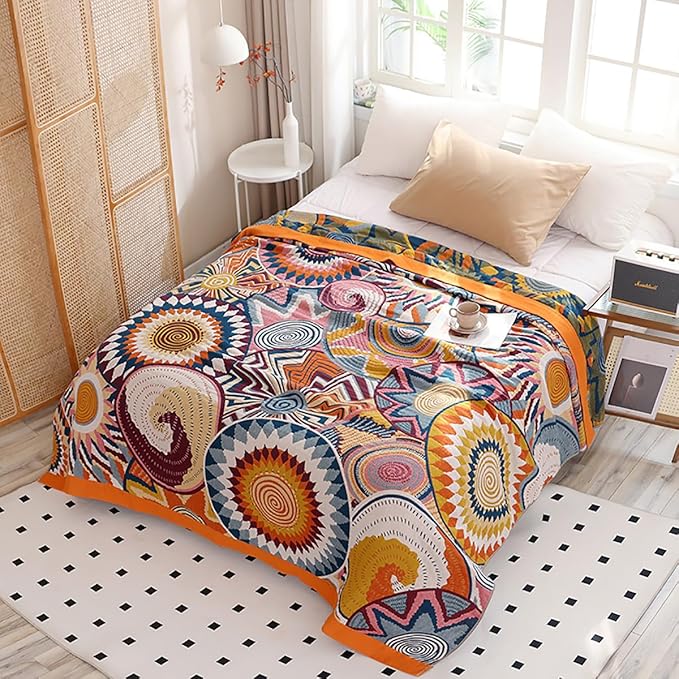 Boho Muslin Blanket for Adults 4-Layer Gauze Twin Size Soft Cozy 100% Cotton Summer Cooling Blanket Floral Decor for Sofa Bed Coverlet Both Sides (Boho Stars, Twin 60 x 80 in)-Ruum Studio Home