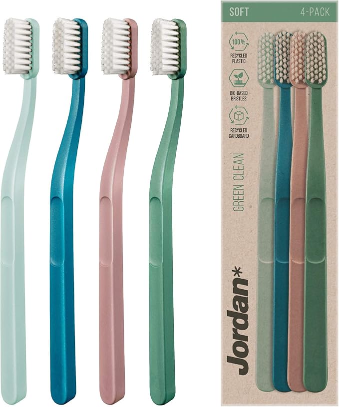 Jordan Green Clean Manual Toothbrush - Sustainable, Scandinavian Design, Soft Bristles, Mixed Colors, 4 Units-Ruum Studio Home