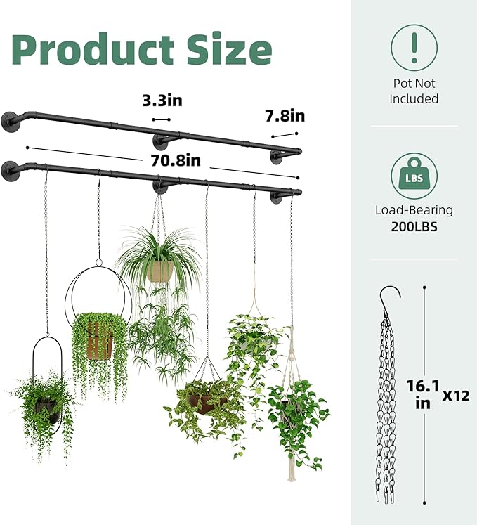 Plant Hanger Indoor with 12 Hanging Chains Hanging Planters for Indoor Plants Hanging Plant Holder Window Plant Rod Black Metal Shelves 70.8 Inch 2PCS Pot not Included-Ruum Studio Home