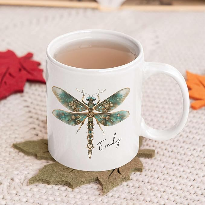 Personalized Steampunk Dragonfly Mug, Customized Name Coffee Cup 11oz, Custom Unique Dragonfly Ceramic Cup, Dragonfly Lovers White Cup, Steampunk Themed Decorative Mug, Kid Cup-Ruum Studio Home