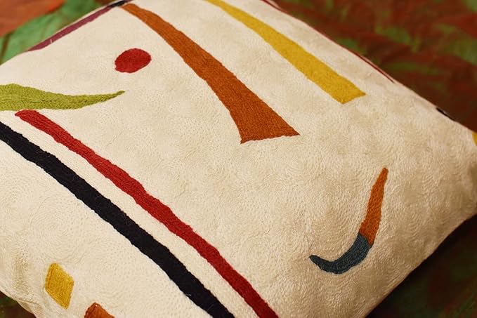 Kandinsky Contemporary Throw Pillow Cover - Cream | Modern Pillow Cases | Abstract Throw Pillows | Modern Boho Pillow | Abstract Chair Cushions | Hand Embroidered Cushion | Wool Size 18x18-Ruum Studio Home