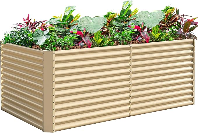 Land Guard 6x3x3ft Rectangular Galvanized Raised Garden Beds, Large-Capacity Metal Planter Box Outdoor, Durable Deep Raised Garden Bed 3ft Tall, Raised Beds for Gardening Vegetables, Cream Yellow-Ruum Studio Home
