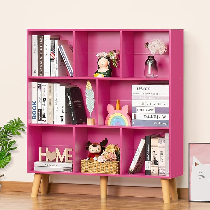 LEYAOYAO Bookshelf,3 Tier Book Shelf with Legs,Pink Modern Bookshelf,Large Freestanding Open Modern Bookshelves,Display Bookcases Decor Furniture for Nursery-Ruum Studio Home