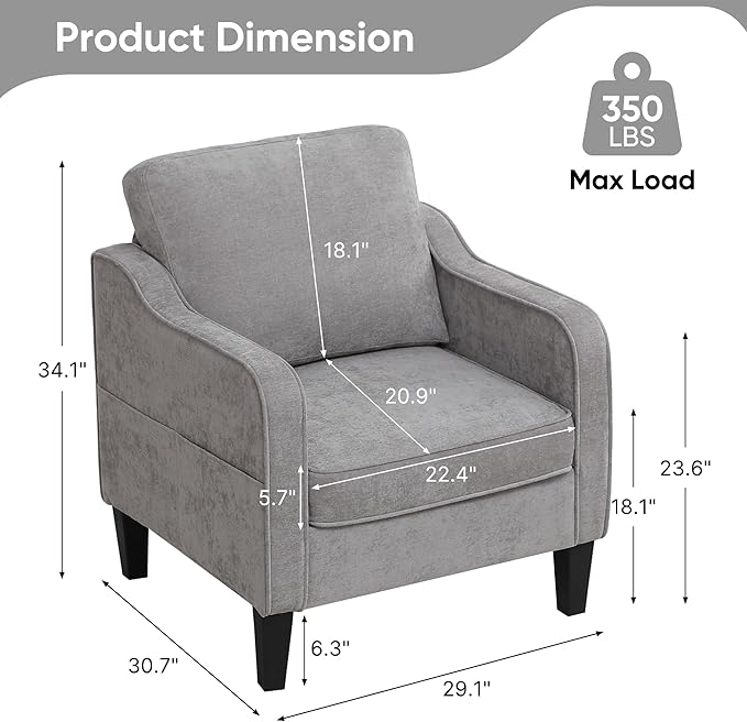 Accent Chair for Living Room, Mid Century Modern Reading Chair for Bedroom, Upholstered Armchair with Side Pockets, Comfy Single Sofa Side Chair for Office, Apartment, Small Room, Light Grey-Ruum Studio Home