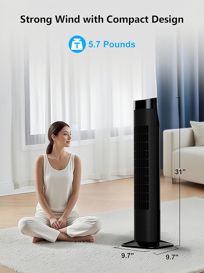 Uthfy 31 Inch Tower Fan for Bedroom, 120° Oscillating Quiet Standing Bladeless Fan With Remote, 7.5H Timer, 3 Speeds, 3 Modes, for Room, Dorm, Office, Black-Ruum Studio Home