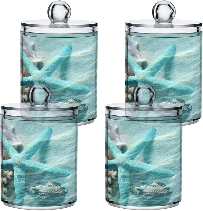 2 Pack Qtip Holder Organizer Dispenser Seashell Starfish Summer Beach Bathroom Storage Canister Cotton Ball Holder Container for Cotton Swabs/Pads/Floss-Ruum Studio Home