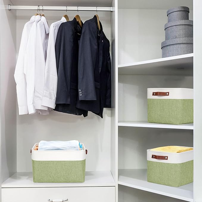 Storage Bins Large Fabric Storage Baskets for Shelves 3 Pack, Decorative Linen Closet Baskets with Handles for Organizing, Shelf, Clothes, Home, Office, 15x11x9.5Inches (Green&White)-Ruum Studio Home