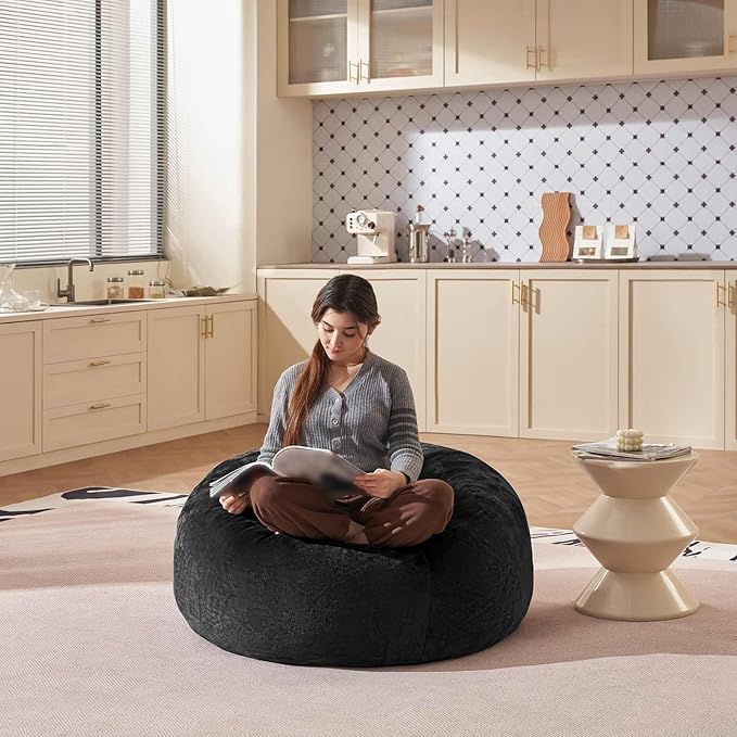 Bean Bag Chair 3Ft, Memory Foam Filled, Large Beanbag Chairs for Adults and Teens, Soft Sofa with Removable Flannel Cover, Round Couch for Living Room Bedroom College Dorm (Black, 3FT-36×36"×24")-Ruum Studio Home