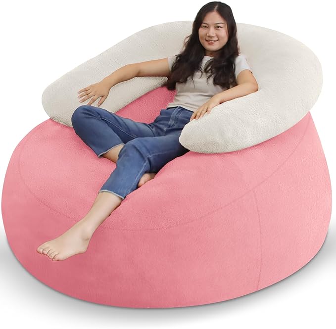 HABUTWAY Bean Bag Chair with U-Shaped Pillow for Adult and Kids Big BeanBag Chair with Filling Ultra Soft Teddy Fleece Couch Chair with Washable Cover for Living Room Bedroom Office, Beige-Light Pink-Ruum Studio Home