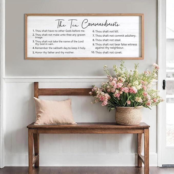 The Ten Commandments Rustic Bible Verse Framed Wall Art, 40''×15'' Positive Religious Christian Saying Sign for God Jesus Christ Prayer, Vintage Horizontal Holy Inspirational Catholic Scripture Decor-Ruum Studio Home