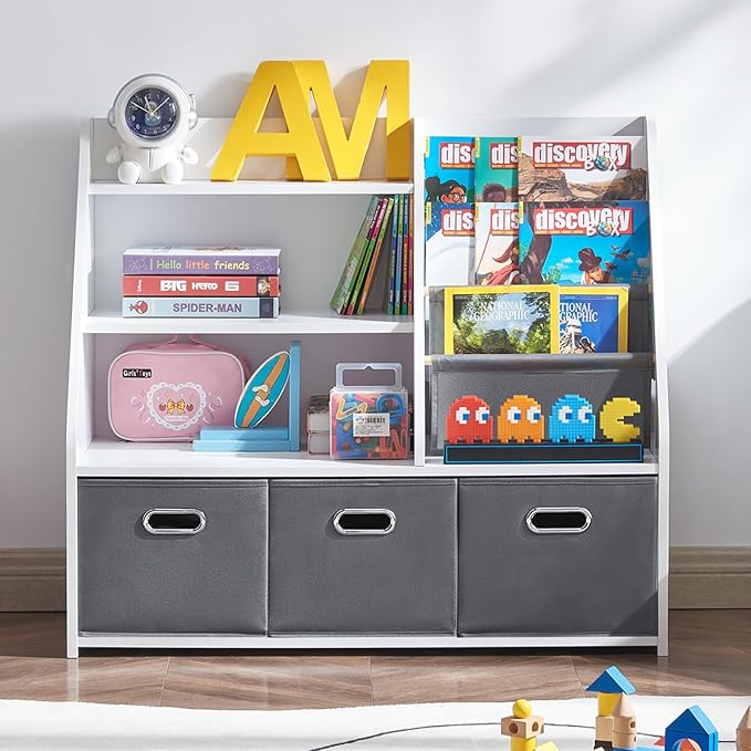 Kids Bookshelf, Kids Toy Storage Organizer with Storage Bins, Wooden Bookshelf and Book Display Shelf for Bedroom, Playroom, Nursery, Classroom, White-Ruum Studio Home