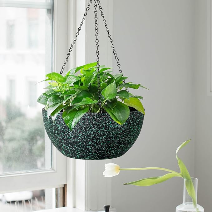 13inch Large Hanging Planters Pots for Outdoor Indoor Plants with Drainage Holes and Chain, 2pack Round Hanging Flower Pots for Garden Home Porch Decor, Black with Green Speckles-Ruum Studio Home