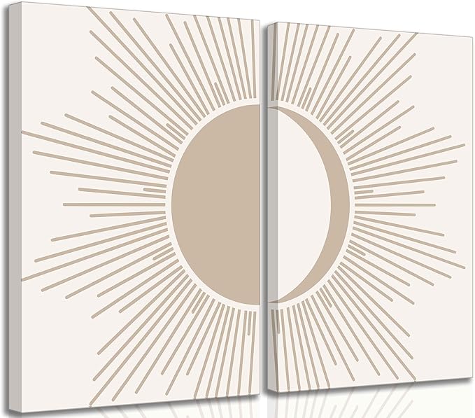 2Pcs Minimalism Boho Canvas Wall art Mid Century Modern Beige and White Sun and Moon Geometric Abstract Painting Pictures Wall Decor Posters Print Artwork for Bedroom Living Room Decoration-Ruum Studio Home