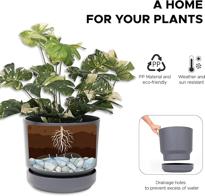 Elly Décor 10 inch Plastic Cylinder Planter Pot with Self-Watering Saucer and Drainage Hole,Lightweight & Extremely Durable, 10"x 10", Gray-Ruum Studio Home