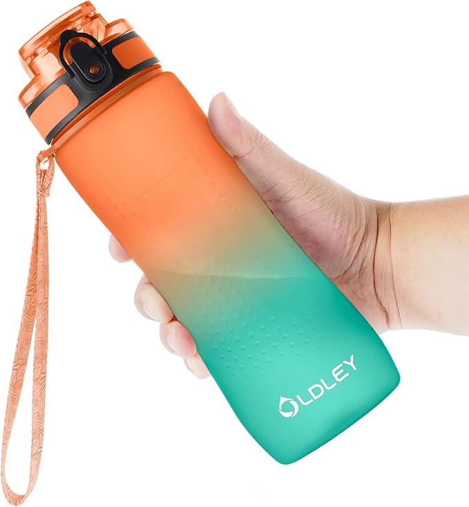 OLDLEY 25 oz Water Bottle, Motivational Water Bottle with Time Marker, Sports Water Bottle With Strap, Leakproof & BPA Free Large Water Bottles for School, Gym, Travel, Outdoor, Tritan,Orange&Green-Ruum Studio Home