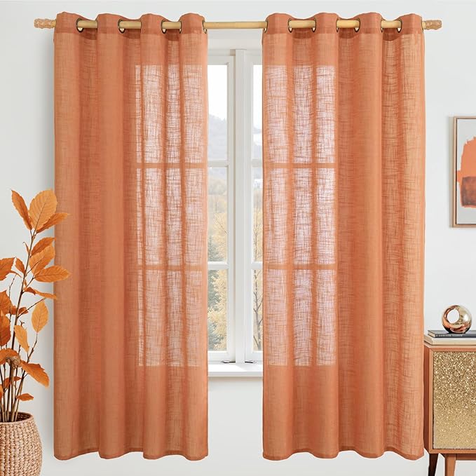 LAMIT Linen Curtians for Living Room 72 Inch Length, Bronze Grommet Light Filtering Semi Sheer Neutral Lightweight Rustic Farmhouse Boho Drapes for Bedroom, 2 Panels, Burnt Orange, 52 x 72 Inch-Ruum Studio Home