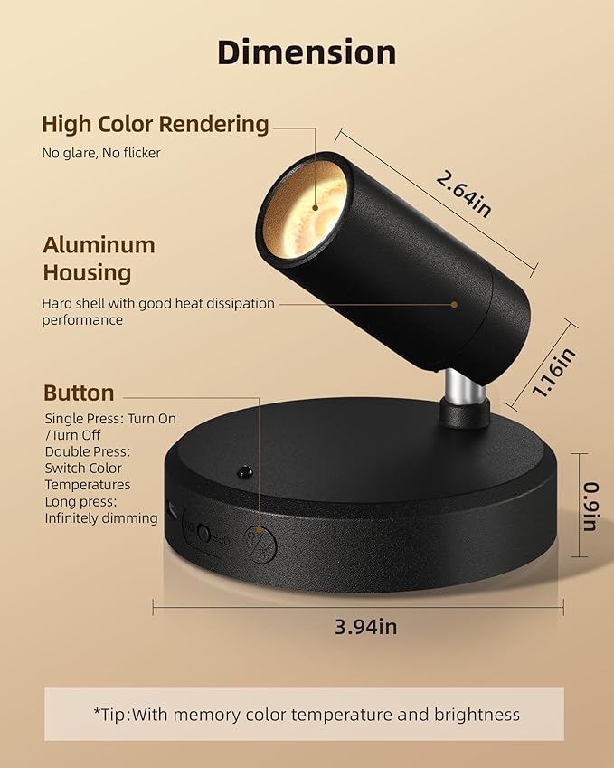 EZVALO Spotlights Indoor with Remote,5500mAh Rechargeable Picture Lights, Wireless LED Uplighting with Timer＆Dimmable, 3CCT,Mini Plant Spot Lights for Painting,Artwork,Accent Lighting(4Pack-Black)-Ruum Studio Home