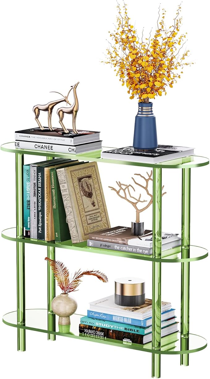Clear Bookshelf, Acrylic Bookcase with Open Book Shelf Console Table for Entryway Office (3 Tier Green)-Ruum Studio Home