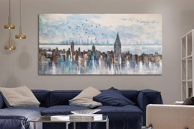 Arjun Cityscape Wall Art New York City Skyline Buildings Picture Modern Abstract Grey NYC Skyline Birds City View Painting Framed Artwork for Bedroom Living Room Home Office Decor Extra Large 58"x29"-Ruum Studio Home