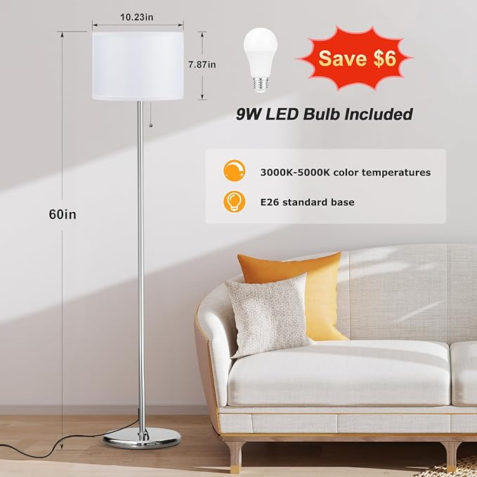 Ambimall Floor Lamps for Living Room with 3 Color Temperatures Bulb & Pull Chain Switch, 60" Modern Standing Floor Lamp for Bedroom Kids Room Study Room(White Shade & Silver Pole)-Ruum Studio Home