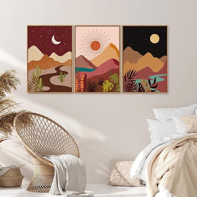 SIGNINART Boho Desert Framed Canvas Wall Art Set of 3, Colorful Sun and Moon Art Prints, Bohemian Modern Cactus Art Paintings, Southwestern Landscape Wall Decor for Living Room, Bedroom, Office 16"x24"-Ruum Studio Home