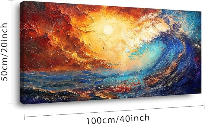 LASMOND Abstract Ocean Wall Art for Living Room Beautiful Blue Sea Wave Seawater Colorful Sky Landscape Wall Art Decor Artwork Bedroom Office (40 x 20 Inches)-Ruum Studio Home