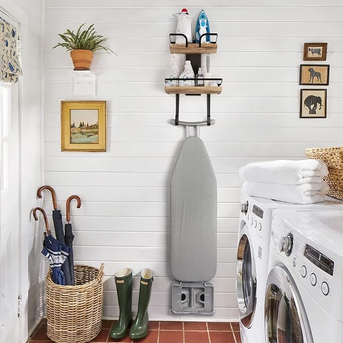 VINAEMO Ironing Board Hanger Wall Mount, 2-Layer Iron and Ironing Board Holder, Laundry Room Shelves Solid Wood with Removable Hooks Home Organization and Storage-Ruum Studio Home