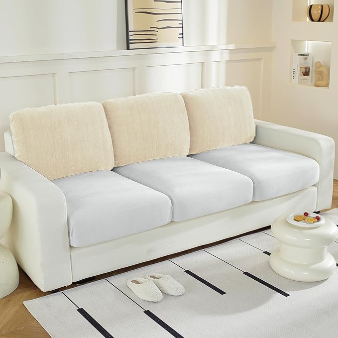 Large Backrest Cushion Covers Super Stretch Backrest Covers for 3 Cushion Couch Sofa, Couch Back Cushion Covers Featuring with Chenille Yarn (Softer Version, 3PC, Beige)-Ruum Studio Home