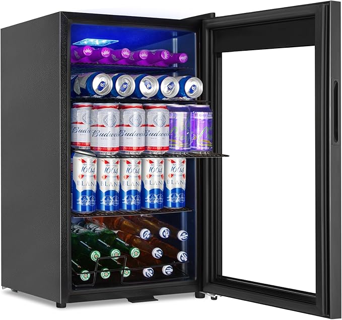 Beverage Refrigerator Cooler, 128 Cans 3.2 Cu.Ft Mini Fridge Glass Door for Drink Beer Soda Wine, Small Fridge with 4 Adjustable Removable Shelves for Kitchen, Bedroom, Office, Bar, Gaming Room, Black-Ruum Studio Home