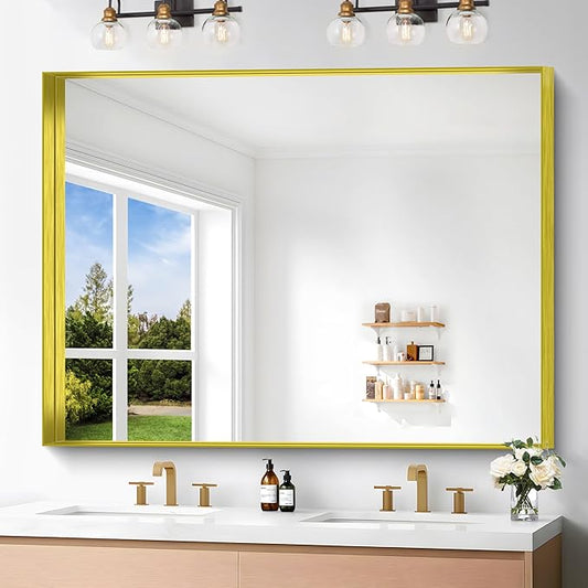 Gold Bathroom Mirror, 36x48 Inch Rectangular Framed Mirror, Large Wall Mounted Bathroom Vanity Mirror Over Sink for Bedroom,Restroom, Living Room, Hangs Vertically or Horizontally-Ruum Studio Home