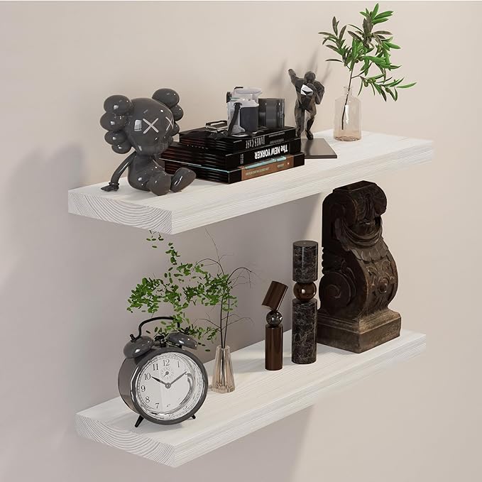 BGMG Wood Floating Shelves 24 inch Long,Rustic Solid Wooden Deep Wall Shelves for Bathroom Living Room Bedroom Kitchen Farmhouse Set of 2-24x6.7x1.25 inch-White-Ruum Studio Home
