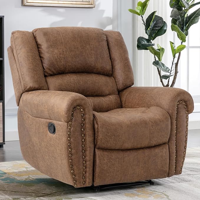 CANMOV Leather Recliner Chair, Classic Breathable Manual Recliner Chair with Comfortable Arm and Back Single Sofa for Living Room, Camel-Ruum Studio Home
