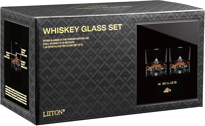 K2 Nepalese Heavy Crystal Whiskey Glasses Gift Set of 2, Thick Freezable Bourbon Glass 1lb Each, Premium Whiskey Gifts for Men, Frozen Crystal Chills Cocktails, 10 oz-Ruum Studio Home