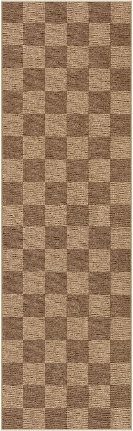 Lahome Checkered Easy Jute Kitchen Runner, 2x8 Washable Indoor Outdoor Runner Rug, Checkerboard Non Slip Non Shedding Neutral Carpet for Hallway Entryway Foyer-Ruum Studio Home