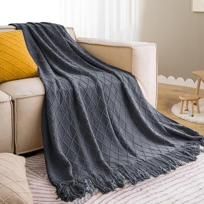 inhand Knit Graphite Grey Throw Blanket for Couch, Soft Living Room Home Decor Knitted Twin Size Blanket, Outdoor Lightweight Breathable Summer Blanket, Farmhouse Warm Woven Decorative, 60"x80"-Ruum Studio Home