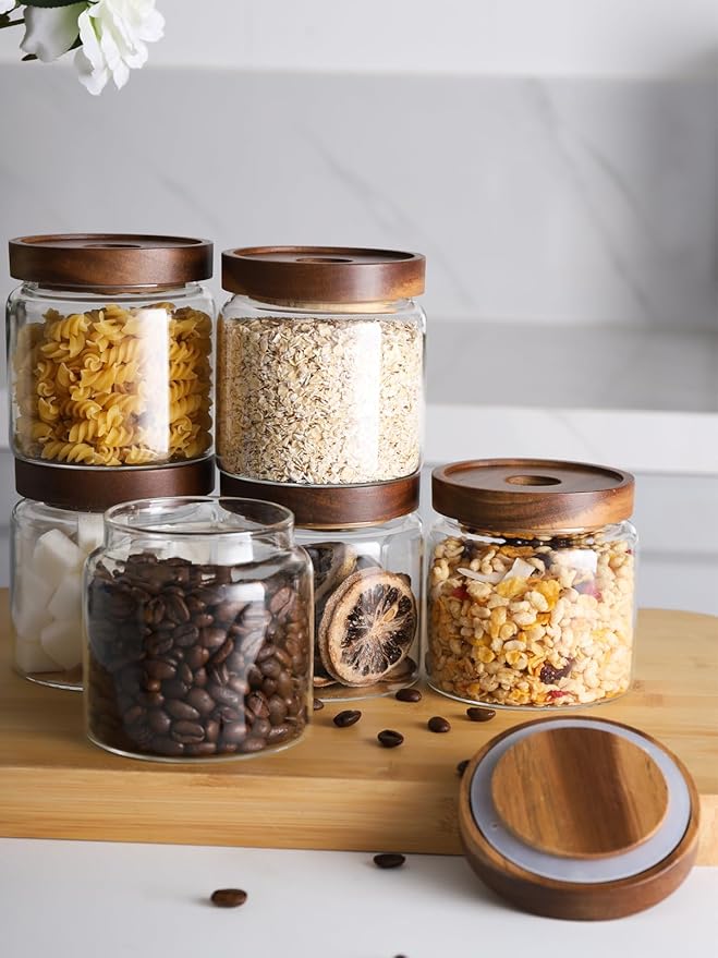 Kanwone Glass Storage Jars Set of 6, 17 Ounce Airtight Food Storage Containers with Bamboo lids, Clear Glass Canisters for Pantry, kitchen, Flour, Sugar, Tea, Coffee, Snack, Spice and Herbs-Ruum Studio Home