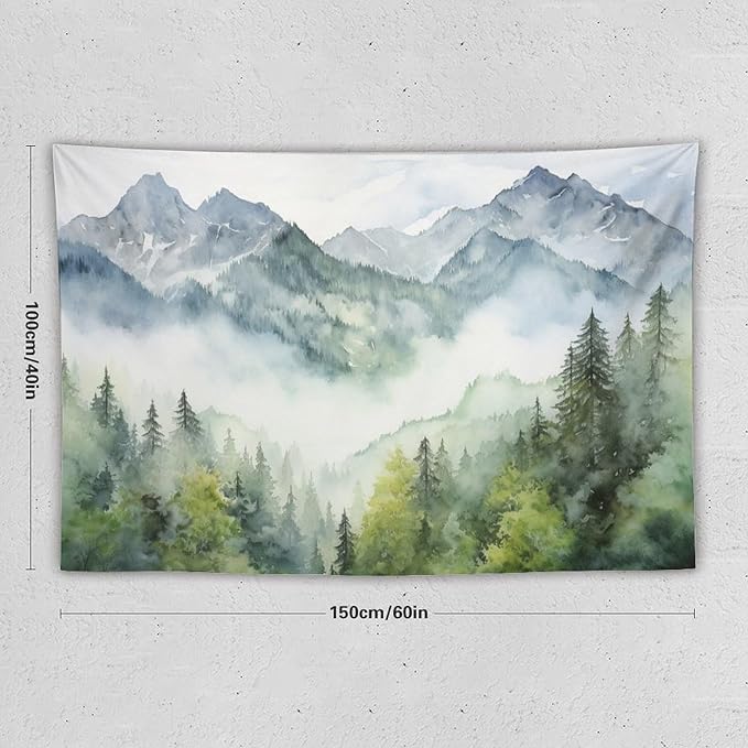 HZOHNAGO Mountain Tapestry Misty Green Forest Mountain Pattern Printed Wall Tapestry Wall Hanging for Bedroom Living Room Dorm 60" W x 40" H-Ruum Studio Home