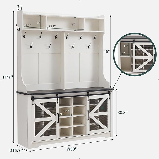 JXQTLINGMU 59" Farmhouse Hall Tree with Shoe Storage, Entryway Bench with 20 Cubbies, 12 Hooks & Sliding Barn Doors, Mudroom Coat Rack Cabinet, Off White-Ruum Studio Home