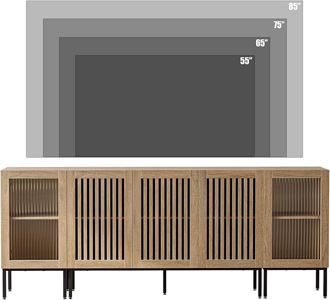 Farmhouse TV Stand for TVs up to 85 Inch, Entertainment Center TV Console with Storage Cabinets and Glass Doors, Media Console for Living Room,Oak-Ruum Studio Home