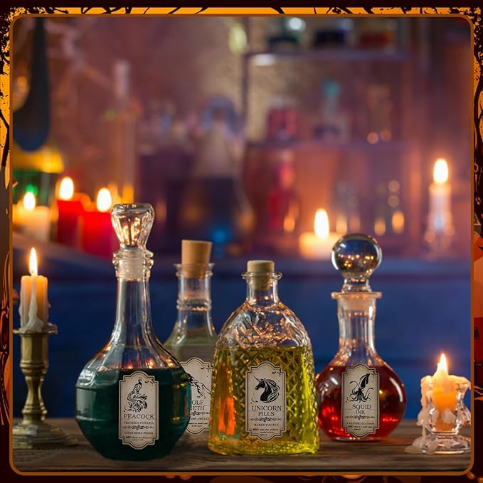 KIMOBER 144PCS Halloween Bottle Labels, Assoeted Vintage Laminated Animal Apothecary Potion Bottles Stickers for Halloween Party Supplies Photo Props-Ruum Studio Home