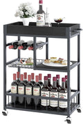 Bar Cart with Basket 3 Tiers Home Rolling Wine Rack with Wheels Mobile Kitchen Industrial Vintage Style Wood Metal Serving Trolley Serving Cart,Black Frame Home Kitchen Shelf for Party-Ruum Studio Home