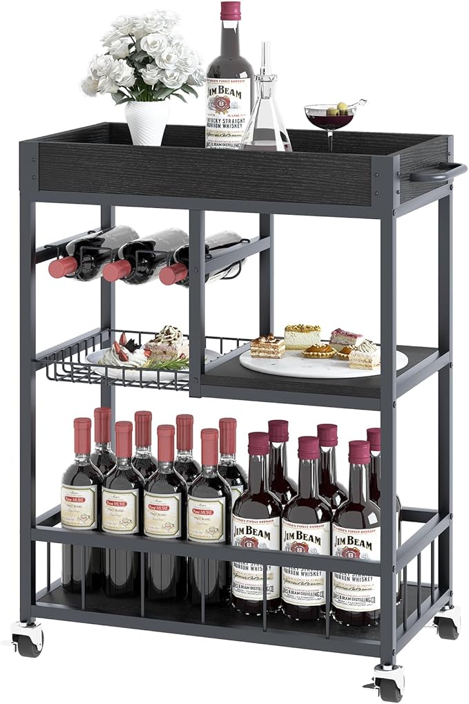 Bar Cart with Basket 3 Tiers Home Rolling Wine Rack with Wheels Mobile Kitchen Industrial Vintage Style Wood Metal Serving Trolley Serving Cart,Black Frame Home Kitchen Shelf for Party-Ruum Studio Home