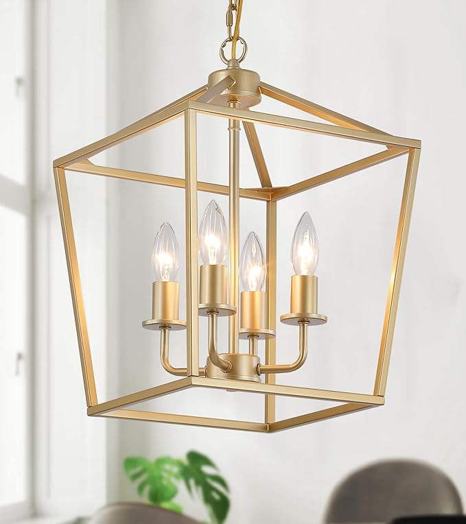 Industrial 4 Lights Chandelier, Gold Lantern Ceiling Light Fixtures with Rustic Metal Cage Adjustable Height Farmhouse Geometric Hanging Light for Kitchen Island, Dining Room, Entryway, UL Listed-Ruum Studio Home