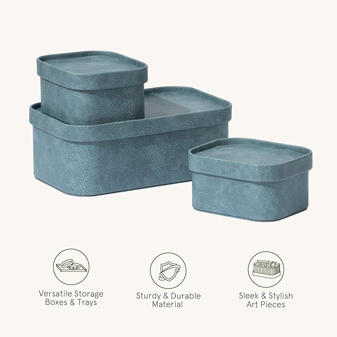 La Jolie Maison Vegan Leather Storage Boxes with Lids, Set of 3 Decorative Storage Containers Organize Stackable Storage Box, Dusty Blue-Ruum Studio Home