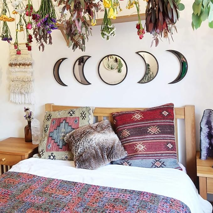 5 pcs Scandinavian Natural Decor Acrylic Moonphase Mirrors Interior Design Wooden Moon Phase Mirror Bohemian Wall Decoration for Home Living Room Bedroom Decor - No Need to Punch (Black)-Ruum Studio Home