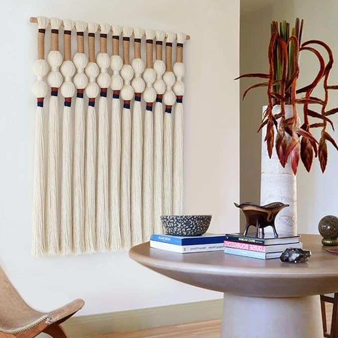 Macrame Wall Hanging Boho Wall Art Handmade Spherical Knot Design with Tassel Fringe, Boho Decor for Bedroom Living Room, for Home Decoration 27" W x 33" L-Ruum Studio Home