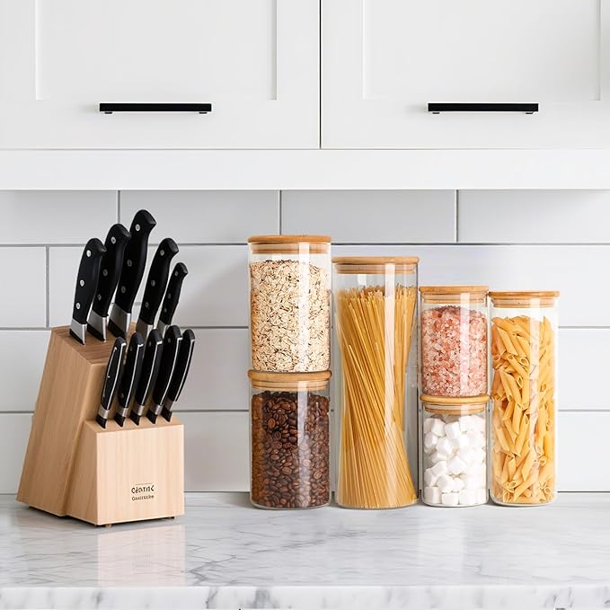 ComSaf Glass Food Storage Jars Set of 6, Clear Glass Storage Containers with Lids, Canisters Sets for the kitchen, Spaghetti, Pasta, Flour, Nuts, Oat, Coffee and Sugar Container, Pantry Organization-Ruum Studio Home