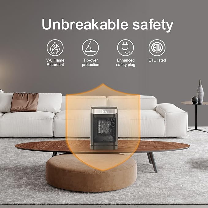 Small Portable Space Heater for Indoor Use - with 70°Rotating Feature, JIBUFI 1500W PTC Electric Heater, Rapid and Safe Heating, Remote Control, 1-12 Hr Timer for Bedroom, Office-Ruum Studio Home